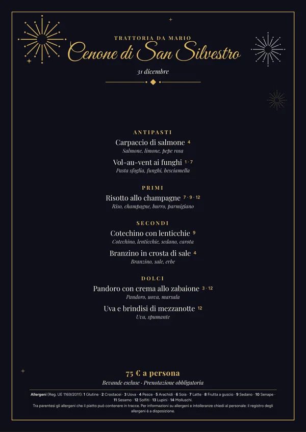 Modello menu di Capodanno da stampare con allergeni, nero e oro con fuochi d'artificio