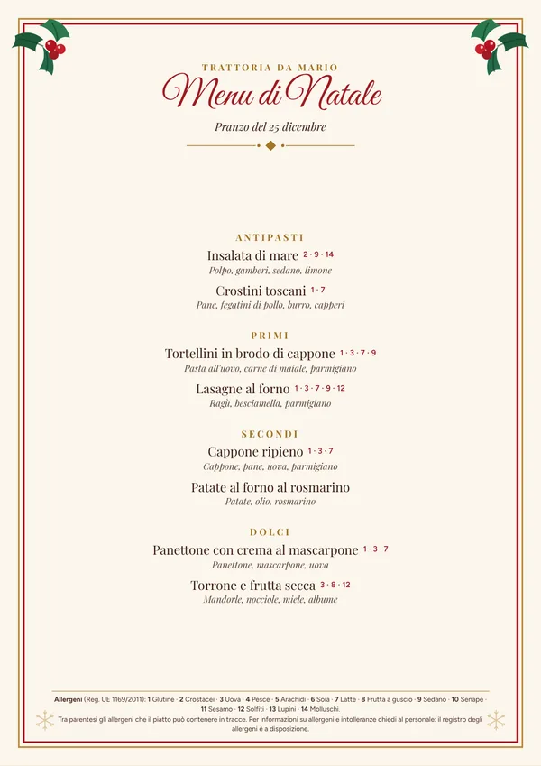 Modello menu di Natale classico con allergeni, rosso e oro con agrifoglio