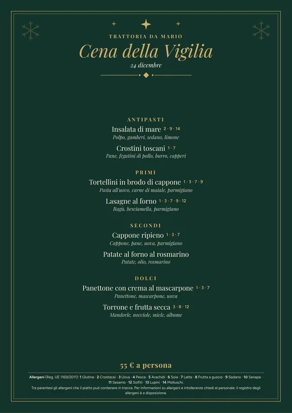 Modello menu di Natale elegante con allergeni, verde bosco e oro