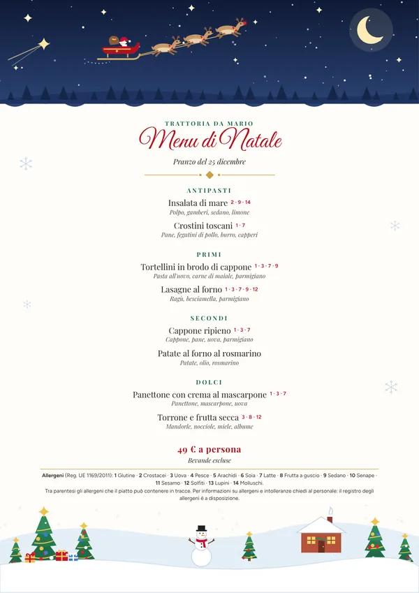 Menu di Natale da stampare con allergeni numerati, illustrato con slitta di Babbo Natale, renne, abeti e neve
