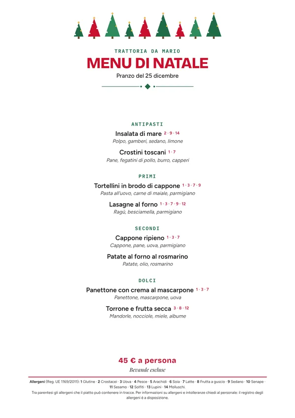 Modello menu di Natale moderno con allergeni numerati e alberi grafici